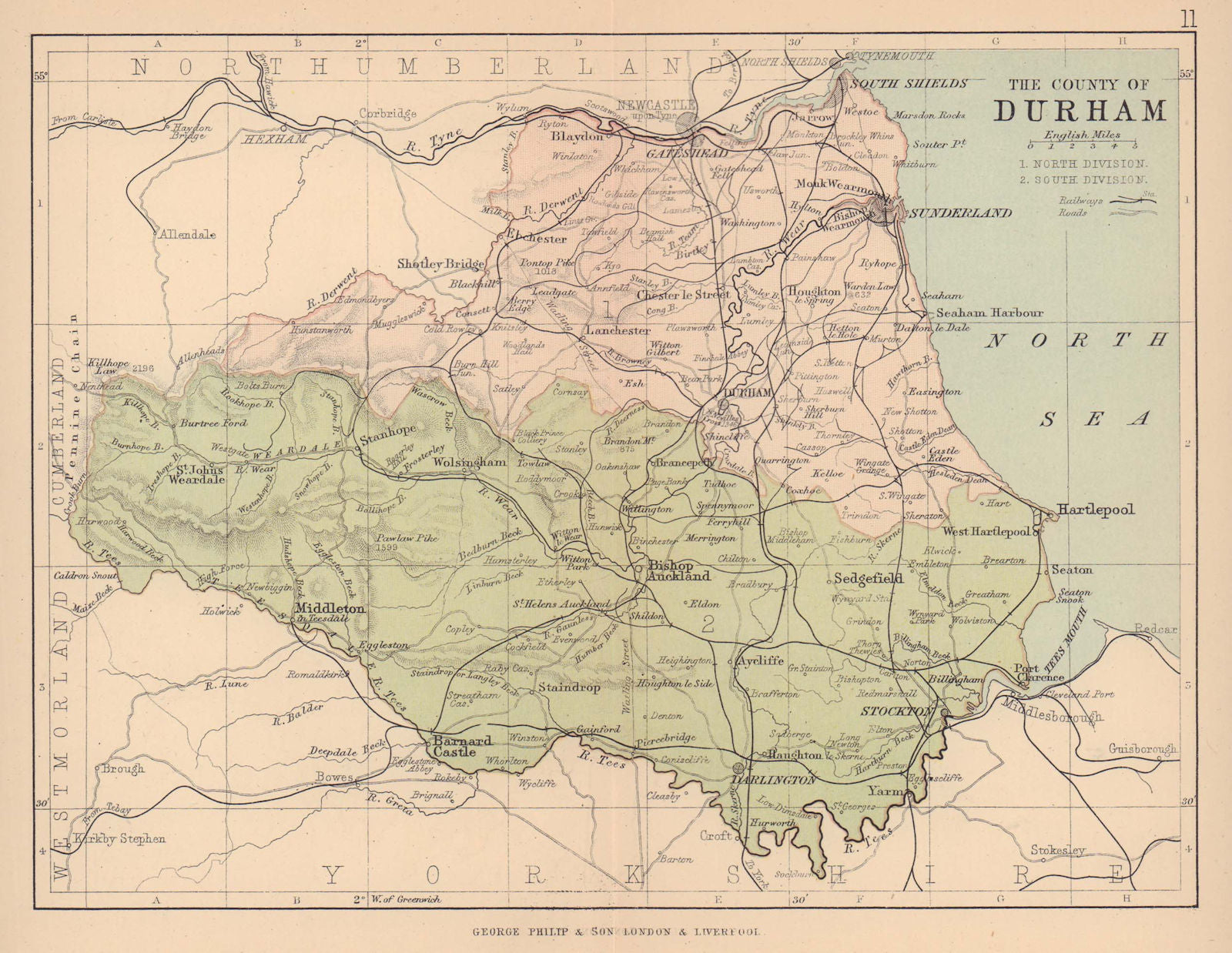 COUNTY DURHAM. Antique map. Railways roads. Constituencies. PHILIP 1885